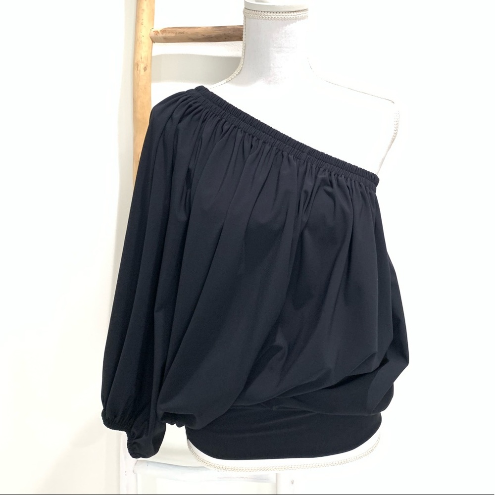 Lanvin Navy One Shoulder Ruched Blouson Top